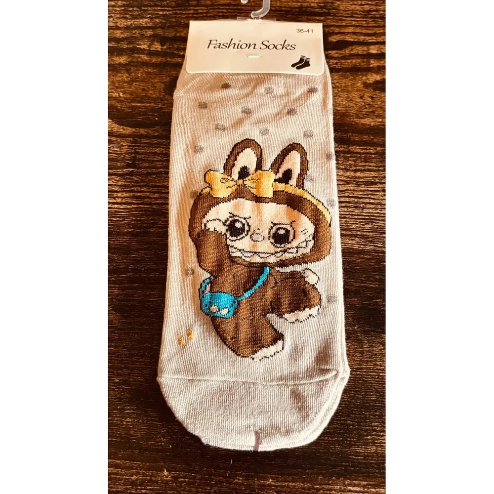 Labubu Character Combed Cotton Ankle Socks Beige Polka Dot Pop Mart Style
